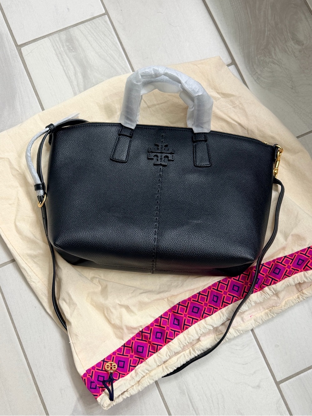 Tory Burch Black Pebbled Leather Shoulder Satchel with Crossbody Strap